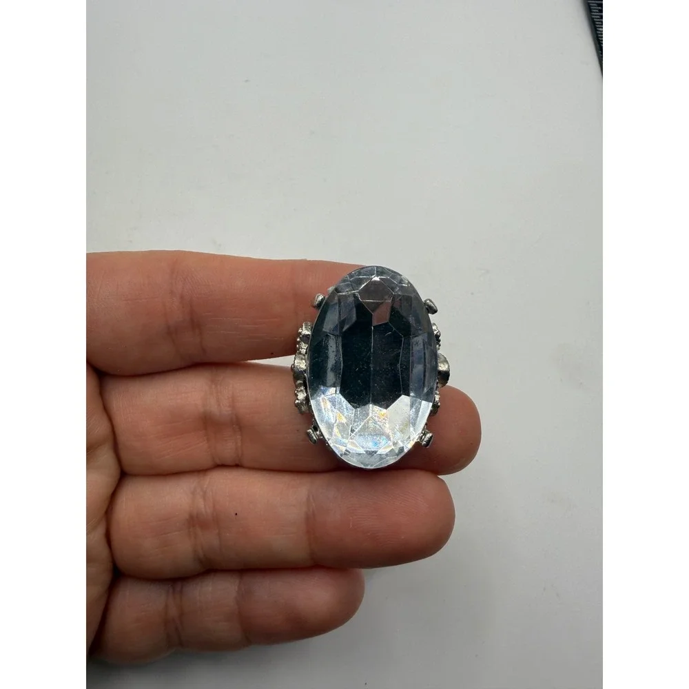 Large Oval Clear Crystal Statement Cocktail Ring‎ Silver Tone Adjustable Band